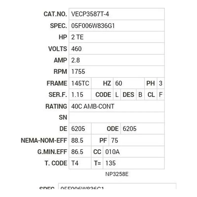 VECP3587T-4 Baldor 2 HP, 1755 RPM, 3 PH, 60 HZ, 145TC, 0535M, TEFC, F1 Motor Nameplate - view 2