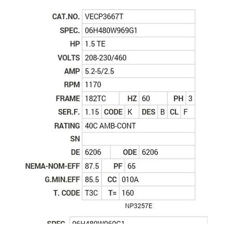 VECP3667T Baldor 1.5 HP, 1170 RPM, 3 PH, 60 HZ, 182TC, 0630M, TEFC Motor Nameplate - view 2