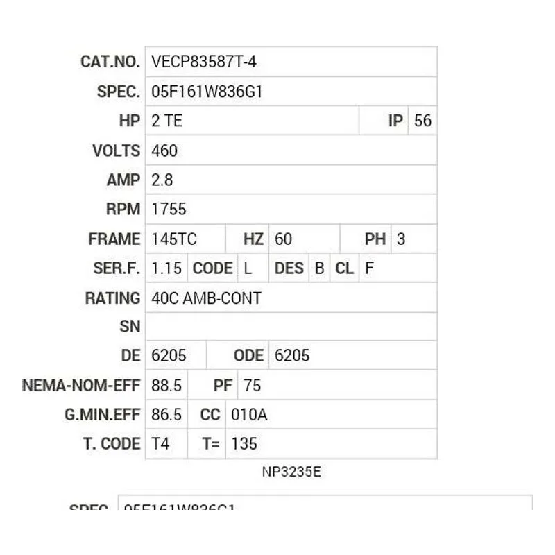 VECP83587T-4 Baldor 2 HP, 1755 RPM, 3 PH, 60 HZ, 145TC, 0535M, TEFC, F1 Motor Nameplate - view 2