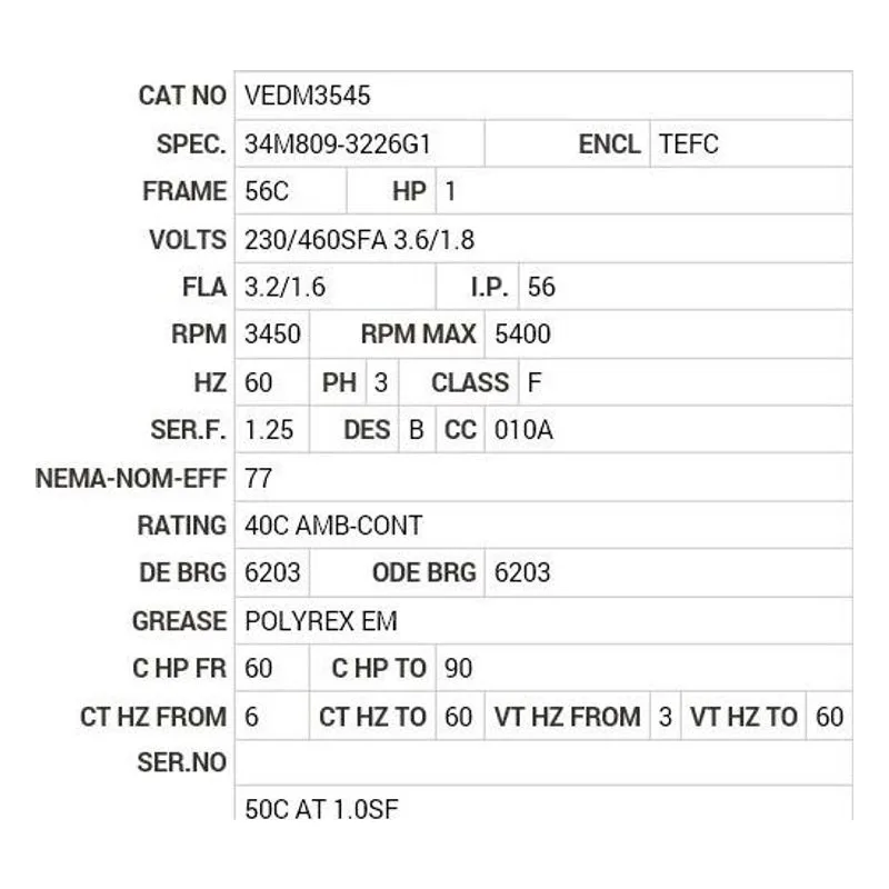 VEDM3545 Baldor 1 HP, 3450 RPM, 3 PH, 60 HZ, 56C, 3420M, TEFC, F1, N Motor Nameplate - view 2