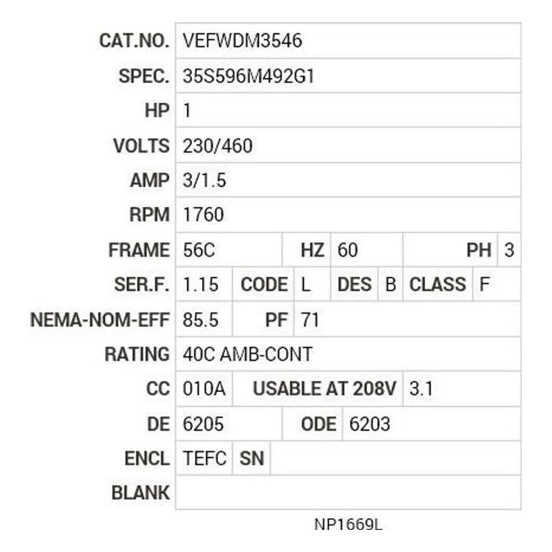 VEFWDM3546 Baldor 1 HP, 1760 RPM, 3 PH, 60 HZ, 56C, 3519M, TEFC, F1, N Motor Nameplate - view 2