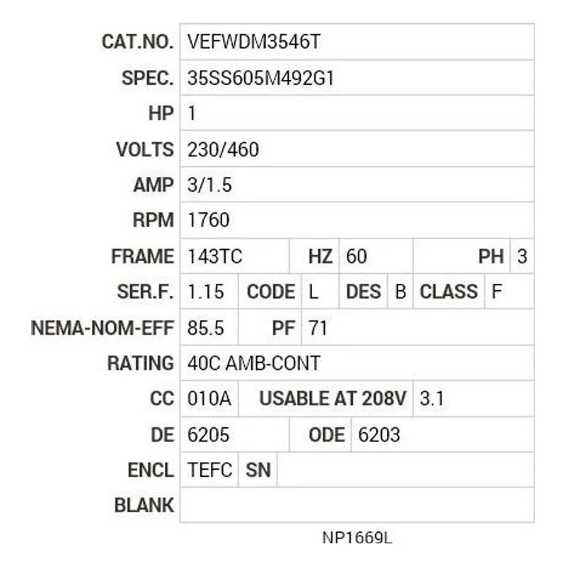 VEFWDM3546T Baldor 1 HP, 1760 RPM, 3 PH, 60 HZ, 143TC, 3519M, TEFC, F1 Motor Nameplate - view 2
