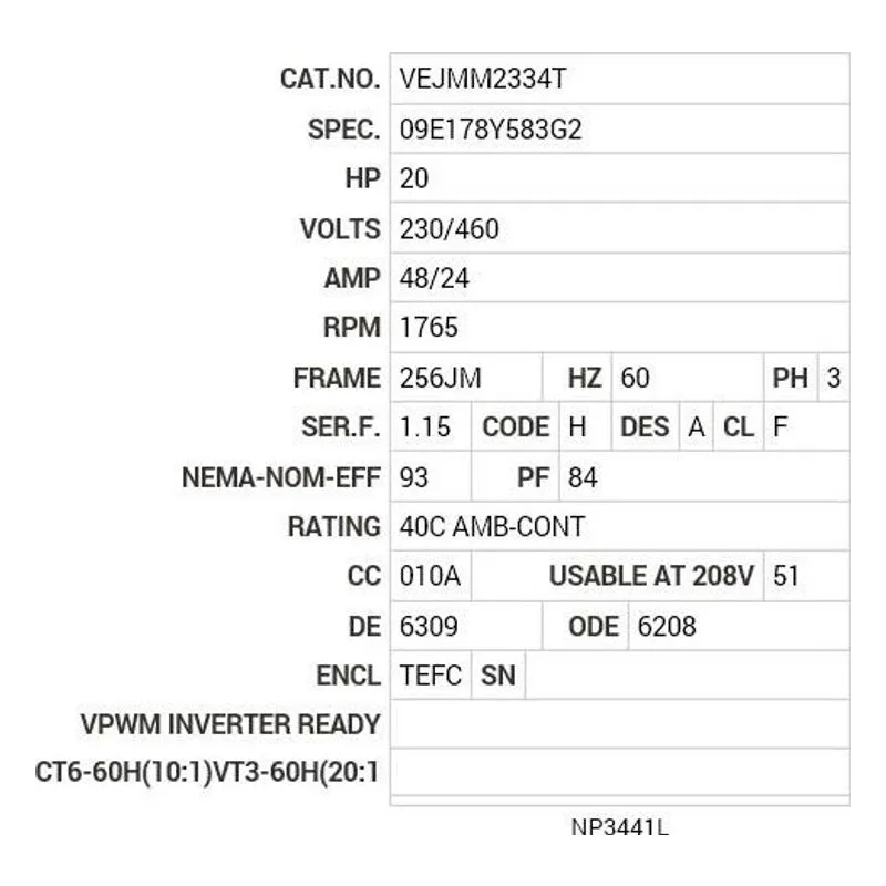 VEJMM2334T Baldor 20 HP, 1765 RPM, 3 PH, 60 HZ, 256JM, 0952M, TEFC, F Motor Nameplate - view 2