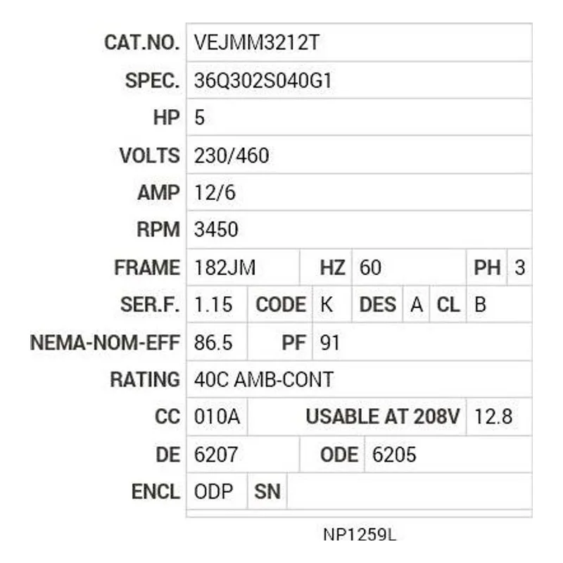 VEJMM3212T Baldor 5 HP, 3450 RPM, 3 PH, 60 HZ, 182JM, 3623M, ODP, F1 Motor Nameplate - view 2
