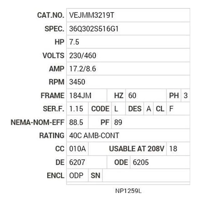 VEJMM3219T Baldor 7.5 HP, 3450 RPM, 3 PH, 60 HZ, 184JM, 3632M, ODP, F Motor Nameplate - view 2
