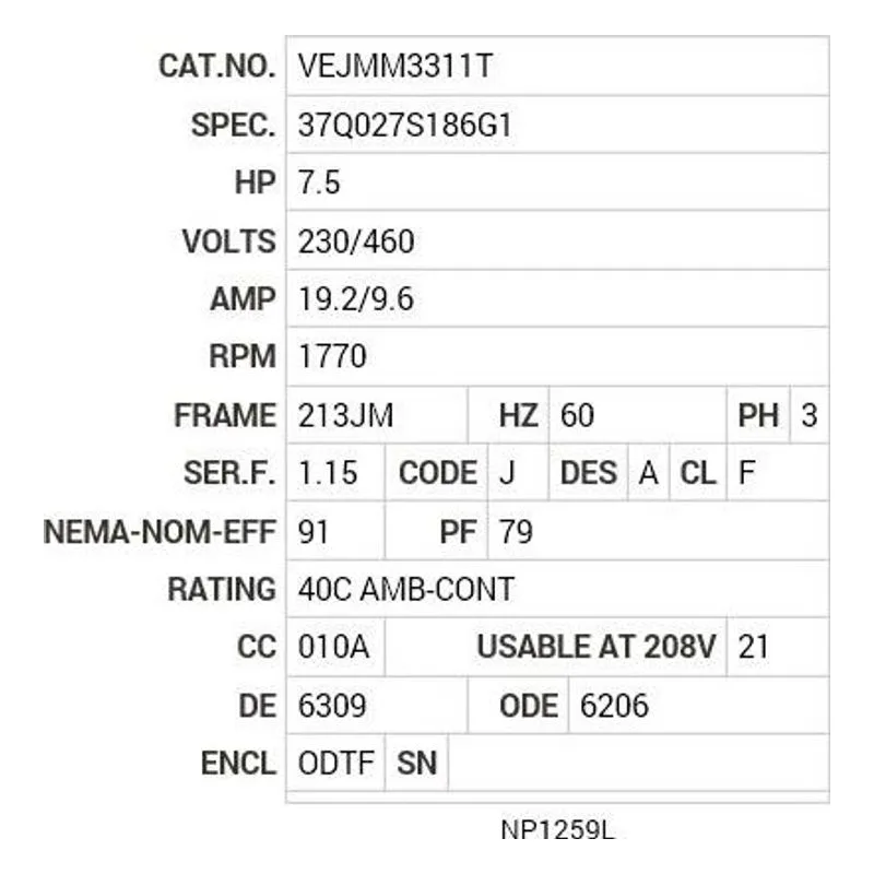 VEJMM3311T Baldor 7.5 HP, 1770 RPM, 3 PH, 60 HZ, 213JM, 3734M, ODP, F Motor Nameplate - view 2