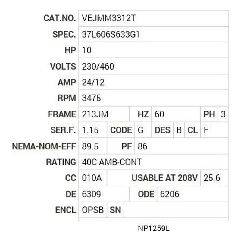 VEJMM3312T Baldor 10 HP, 3475 RPM, 3 PH, 60 HZ, 213JM, 3728M, ODP, F1 Motor Nameplate - view 2
