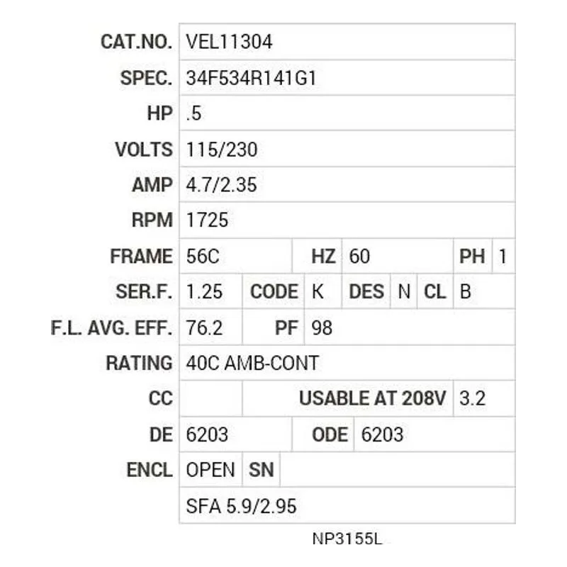 VEL11304 Baldor .5 HP, 1725 RPM, 1 PH, 60 HZ, 56C, 3424LC, OPEN, F1 Motor Nameplate - view 2
