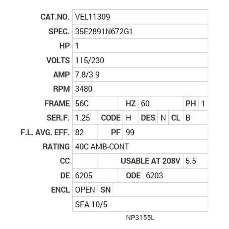 VEL11309 Baldor 1 HP, 3480 RPM, 1 PH, 60 HZ, 56C, 3524LC, OPEN, F1 Motor Nameplate - view 2