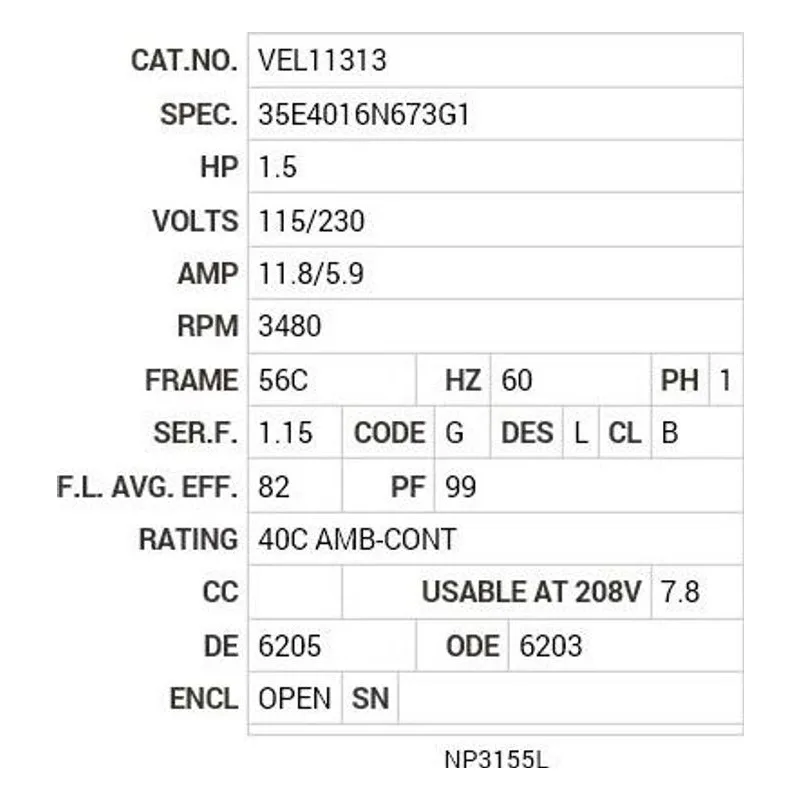 VEL11313 Baldor 1.5 HP, 3480 RPM, 1 PH, 60 HZ, 56C, 3532LC, OPEN, F Motor Nameplate - view 2