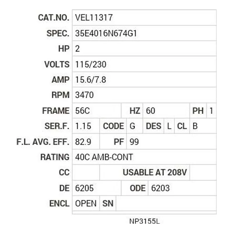 VEL11317 Baldor 2 HP, 3470 RPM, 1 PH, 60 HZ, 56C, 3540LC, OPEN, F1 Motor Nameplate - view 2