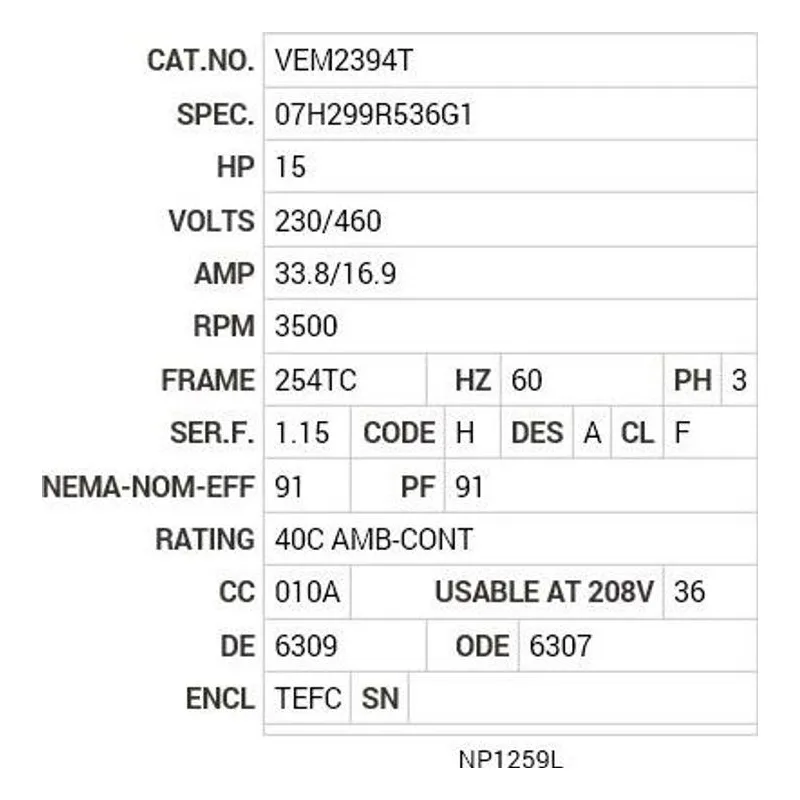VEM2394T Baldor 15 HP, 3500 RPM, 3 PH, 60 HZ, 254TC, 0750M, TEFC, F Motor Nameplate - view 2