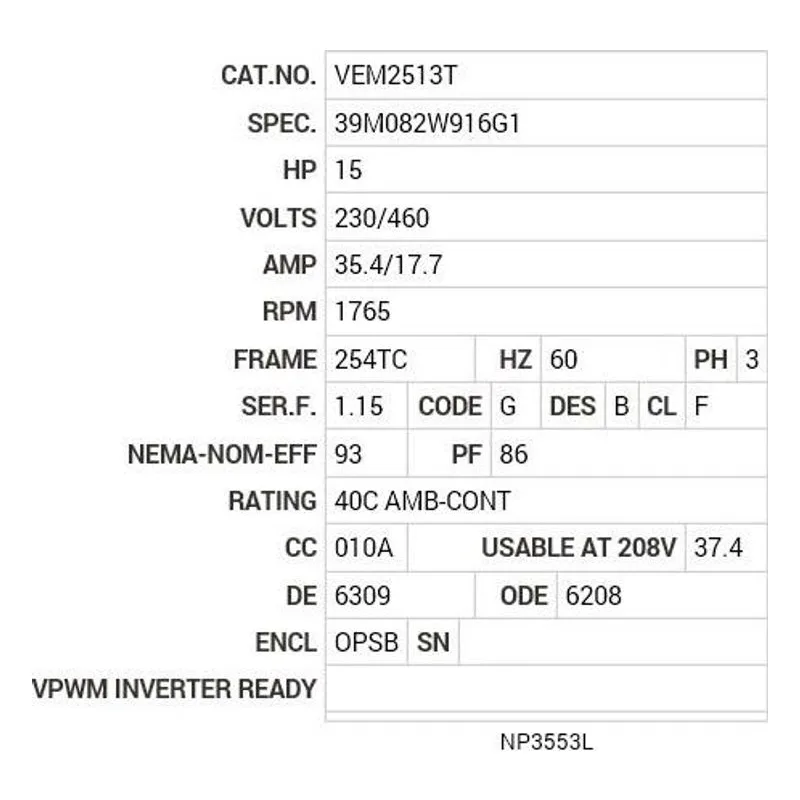 VEM2513T Baldor 15 HP, 1765 RPM, 3 PH, 60 HZ, 254TC, 3938M, ODP, F1 Motor Nameplate - view 2