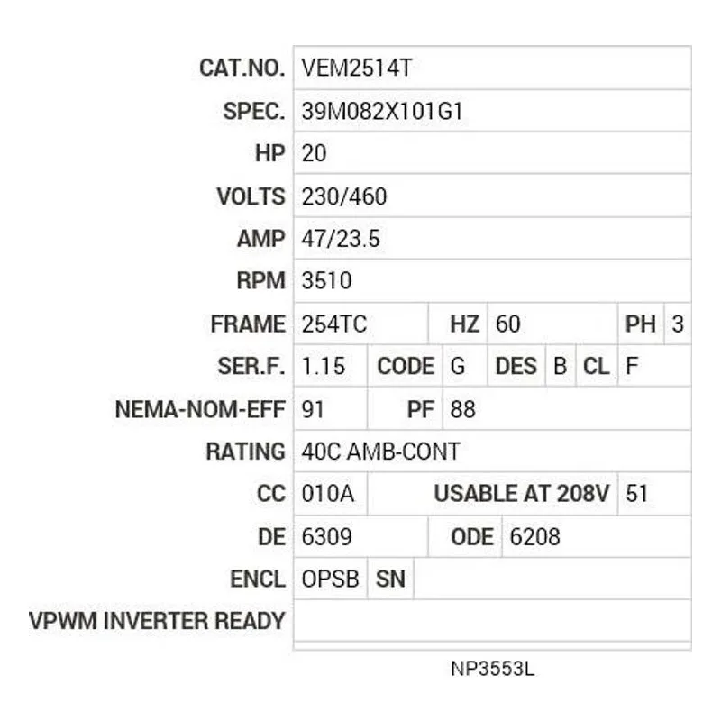 VEM2514T Baldor 20 HP, 3510 RPM, 3 PH, 60 HZ, 254TC, 3928M, ODP, F1 Motor Nameplate - view 2