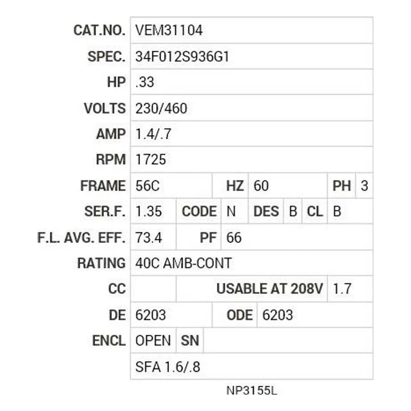 VEM31104 Baldor .33 HP, 1725 RPM, 3 PH, 60 HZ, 56C, 3416M, OPEN, F1 Motor Nameplate - view 2