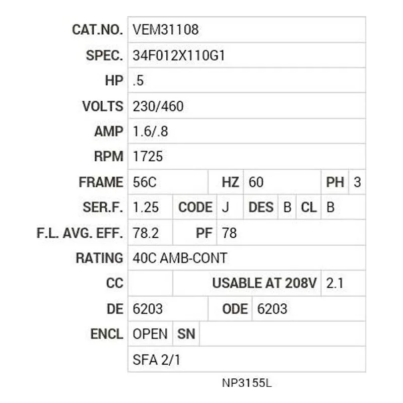 VEM31108 Baldor .5 HP, 1725 RPM, 3 PH, 60 HZ, 56C, 3424M, OPEN, F1 Motor Nameplate - view 2
