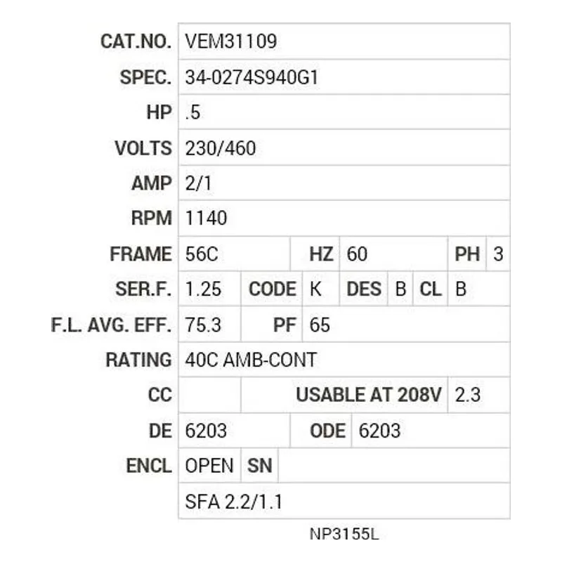 VEM31109 Baldor .5 HP, 1140 RPM, 3 PH, 60 HZ, 56C, 3428M, OPEN, F1 Motor Nameplate - view 2