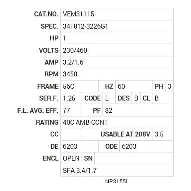 VEM31115 Baldor 1 HP, 3450 RPM, 3 PH, 60 HZ, 56C, 3420M, OPEN, F1, N Motor Nameplate - view 2
