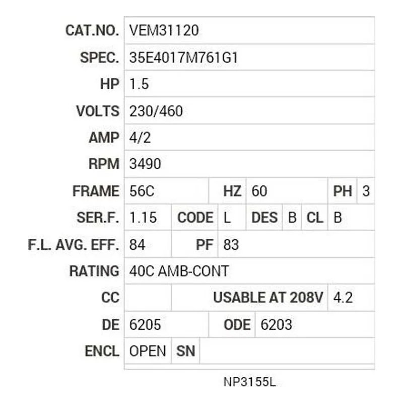 VEM31120 Baldor 1.5 HP, 3490 RPM, 3 PH, 60 HZ, 56C, 3518M, OPEN, F1 Motor Nameplate - view 2