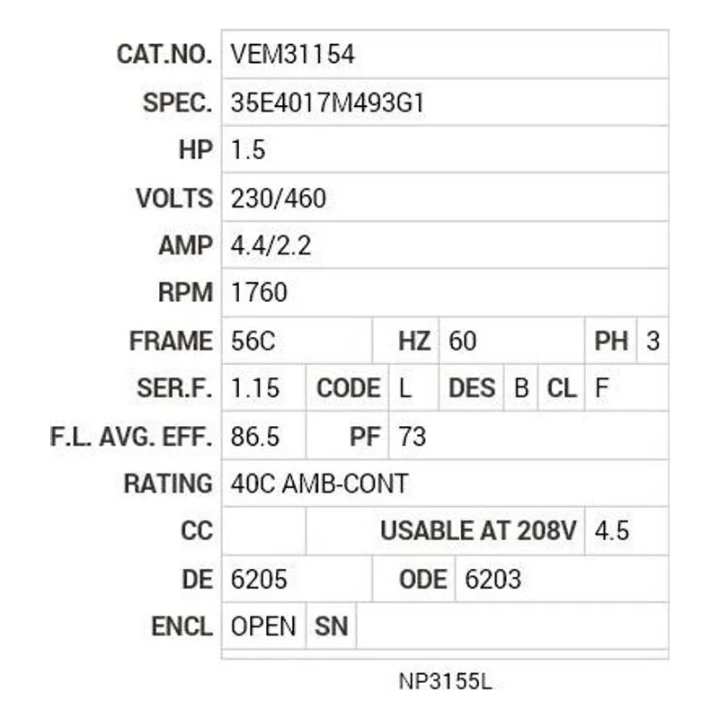 VEM31154 Baldor 1.5 HP, 1760 RPM, 3 PH, 60 HZ, 56C, 3526M, OPEN, F1 Motor Nameplate - view 2