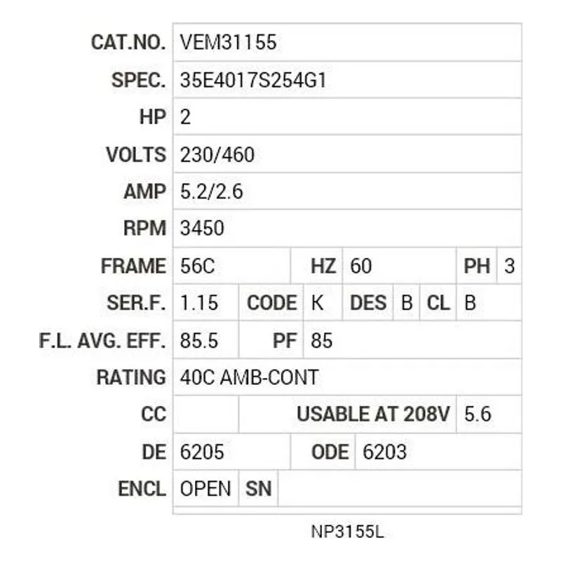 VEM31155 Baldor 2 HP, 3450 RPM, 3 PH, 60 HZ, 56C, 3524M, OPEN, F1, N Motor Nameplate - view 2