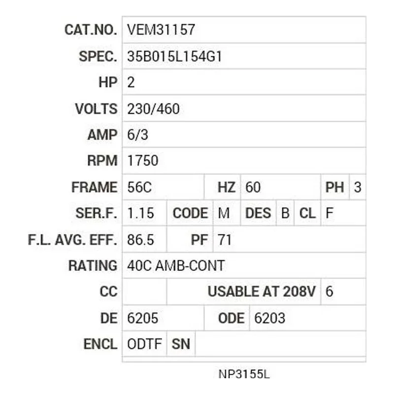 VEM31157 Baldor 2 HP, 1750 RPM, 3 PH, 60 HZ, 56C, 3525M, ODP, F1, N Motor Nameplate - view 2