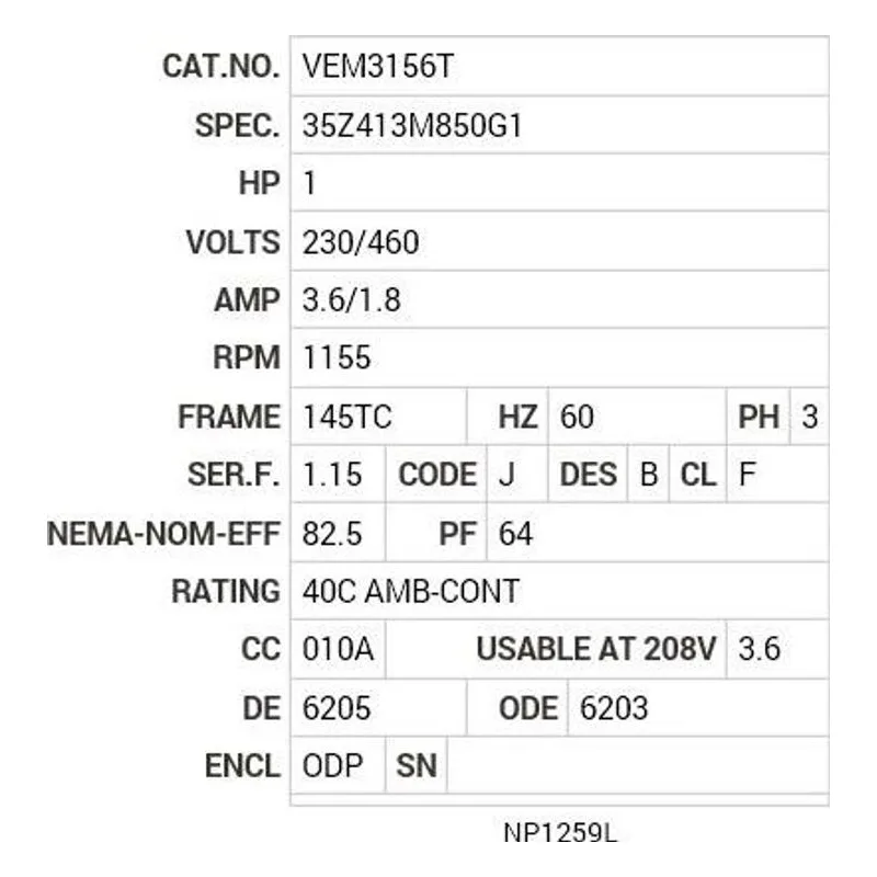 VEM3156T Baldor 1 HP, 1155 RPM, 3 PH, 60 HZ, 145TC, 3524M, ODP, F1 Motor Nameplate - view 2