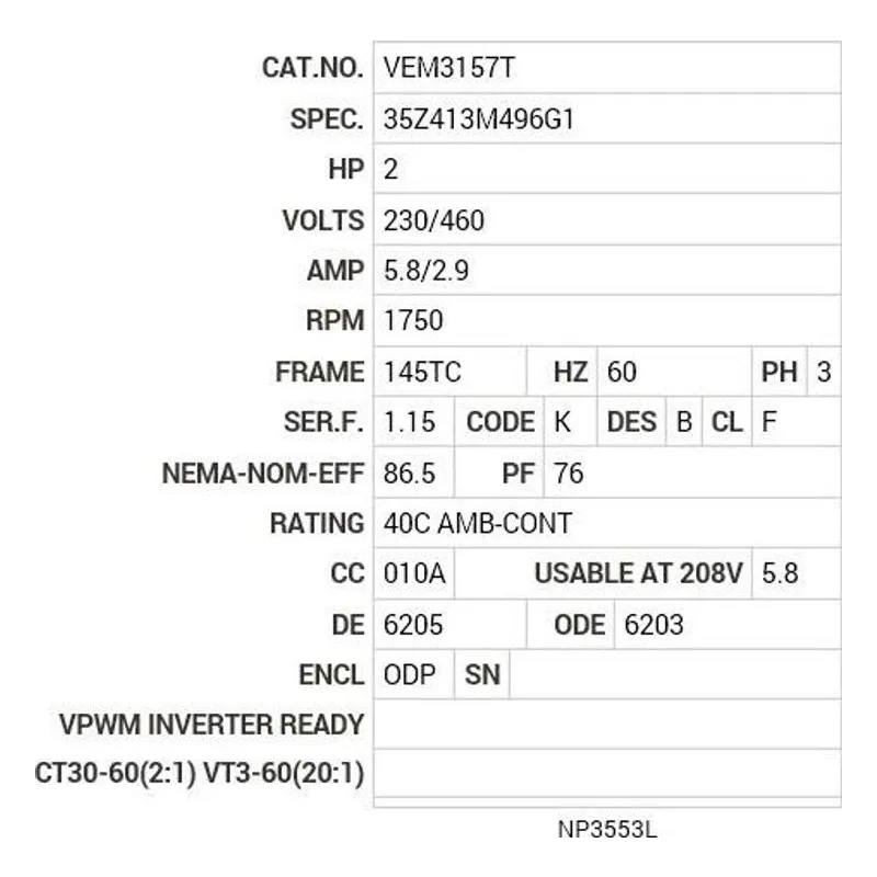 VEM3157T Baldor 2 HP, 1750 RPM, 3 PH, 60 HZ, 145TC, 3525M, ODP, F1 Motor Nameplate - view 2