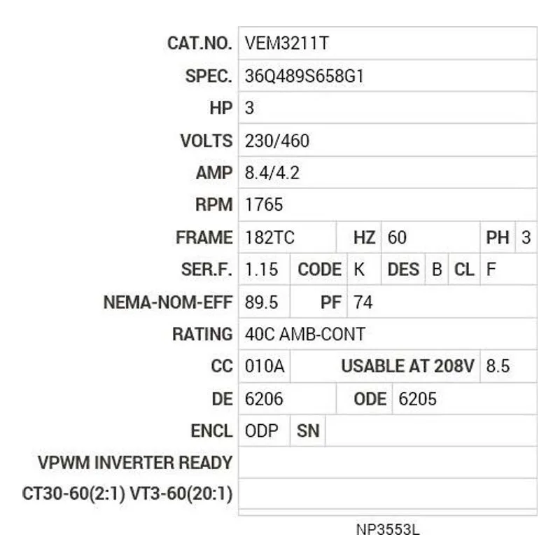 VEM3211T Baldor 3 HP, 1765 RPM, 3 PH, 60 HZ, 182TC, 3630M, ODP, F1 Motor Nameplate - view 2