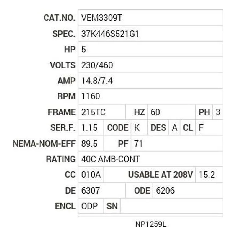 VEM3309T Baldor 5 HP, 1160 RPM, 3 PH, 60 HZ, 215TC, 3744M, ODP, F1 Motor Nameplate - view 2