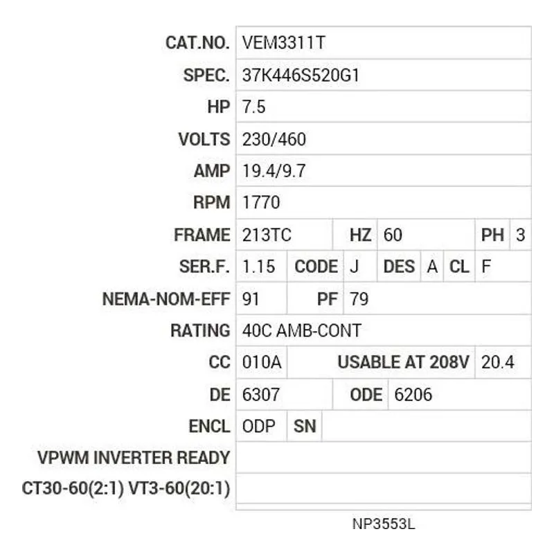 VEM3311T Baldor 7.5 HP, 1770 RPM, 3 PH, 60 HZ, 213TC, 3733M, ODP, F Motor Nameplate - view 2
