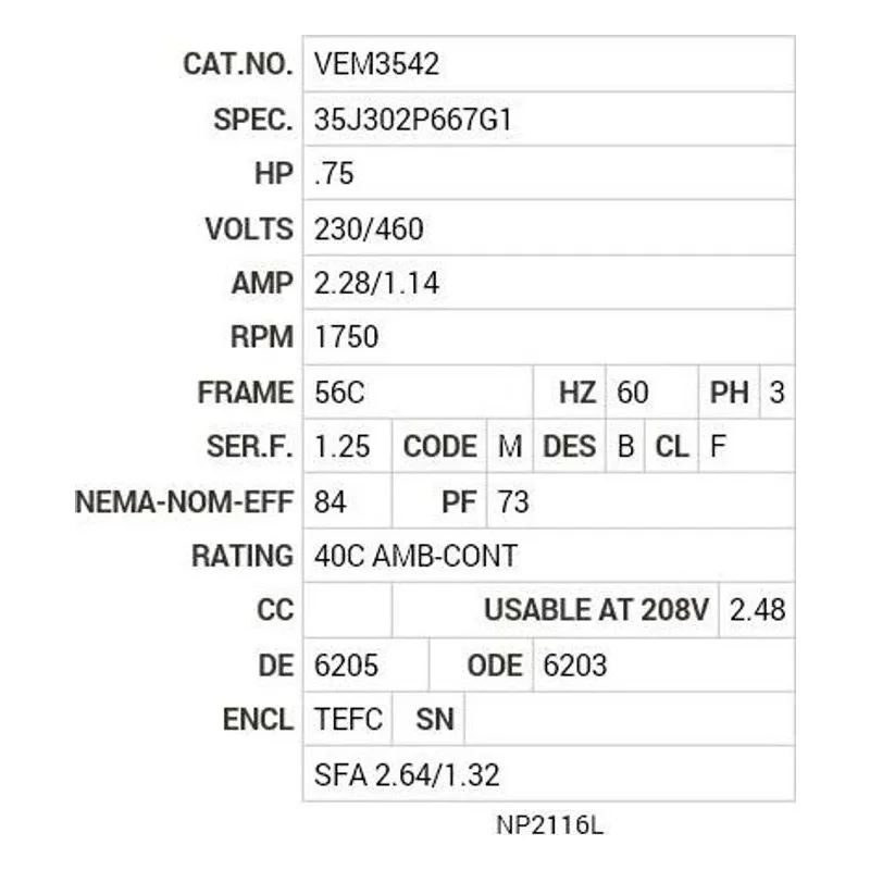 VEM3542 Baldor .75 HP, 1750 RPM, 3 PH, 60 HZ, 56C, 3517M, TEFC, F1 Motor Nameplate - view 2