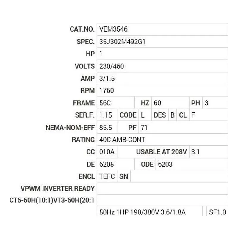 VEM3546 Baldor 1 HP, 1760 RPM, 3 PH, 60 HZ, 56C, 3519M, TEFC, F1, N Motor Nameplate - view 2