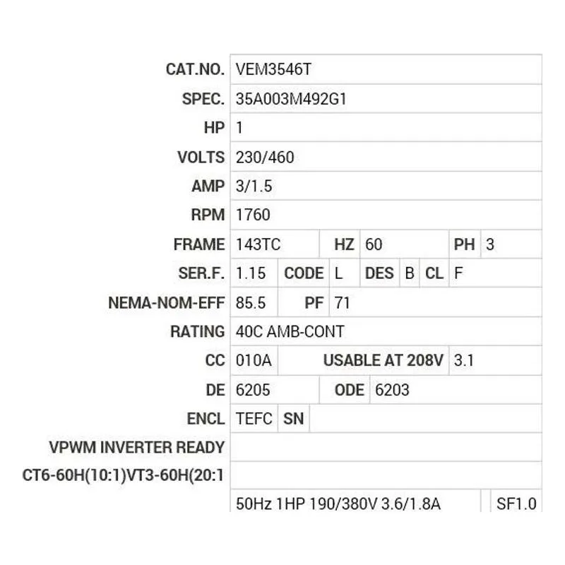 VEM3546T Baldor 1 HP, 1760 RPM, 3 PH, 60 HZ, 143TC, 3519M, TEFC, F1 Motor Nameplate - view 2