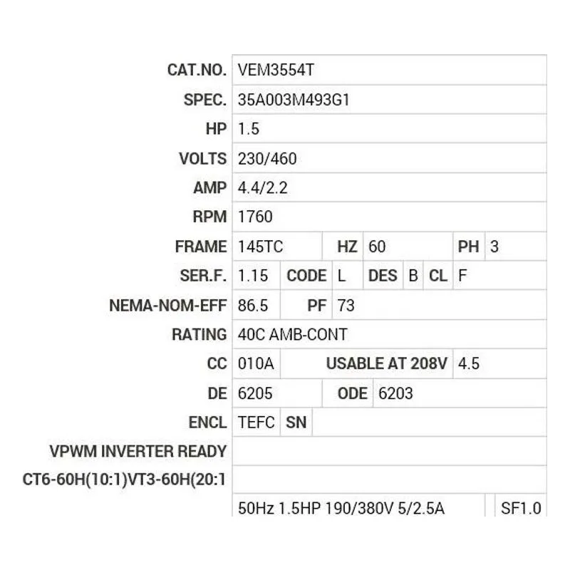 VEM3554T Baldor 1.5 HP, 1760 RPM, 3 PH, 60 HZ, 145TC, 3526M, TEFC Motor Nameplate - view 2