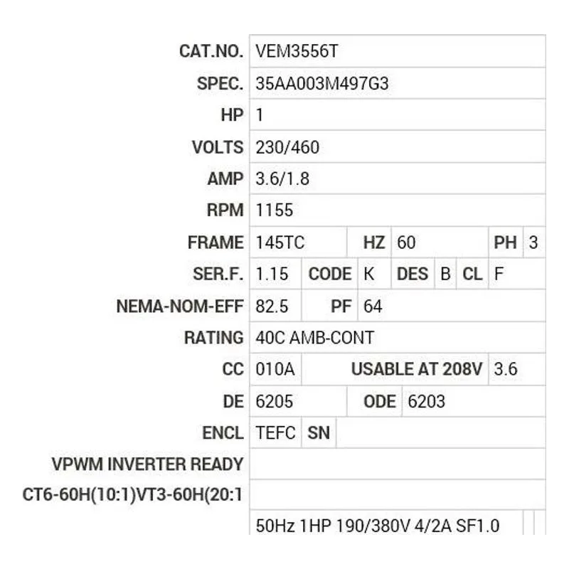 VEM3556T Baldor 1 HP, 1155 RPM, 3 PH, 60 HZ, 145TC, 3526M, TEFC, F1 Motor Nameplate - view 2