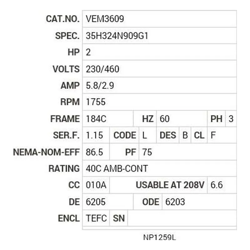 VEM3609 Baldor 2 HP, 1755 RPM, 3 PH, 60 HZ, 184C, 3528M, TEFC, F1 Motor Nameplate - view 2