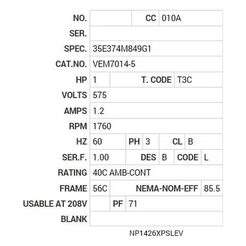 VEM7014-5 Baldor 1 HP, 1760 RPM, 3 PH, 60 HZ, 56C, 3519M, XPFC, F1, N Motor Nameplate - view 2