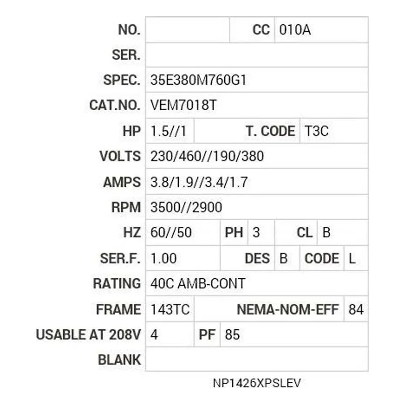 VEM7018T Baldor 1.5//1 HP, 3500//2900 RPM, 3 PH, 60//50 HZ, 143T Motor Nameplate - view 2