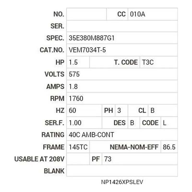 VEM7034T-5 Baldor 1.5 HP, 1760 RPM, 3 PH, 60 HZ, 145TC, 3526M, XPFC Motor Nameplate - view 2