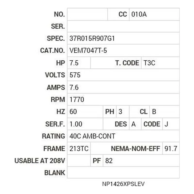 VEM7047T-5 Baldor 7.5 HP, 1770 RPM, 3 PH, 60 HZ, 213TC, 3738M, XPFC Motor Nameplate - view 2