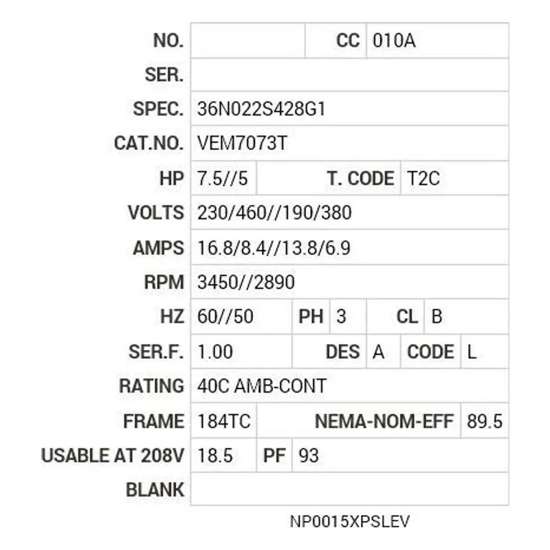 VEM7073T Baldor 7.5//5 HP, 3450//2890 RPM, 3 PH, 60//50 HZ, 184T Motor Nameplate - view 2