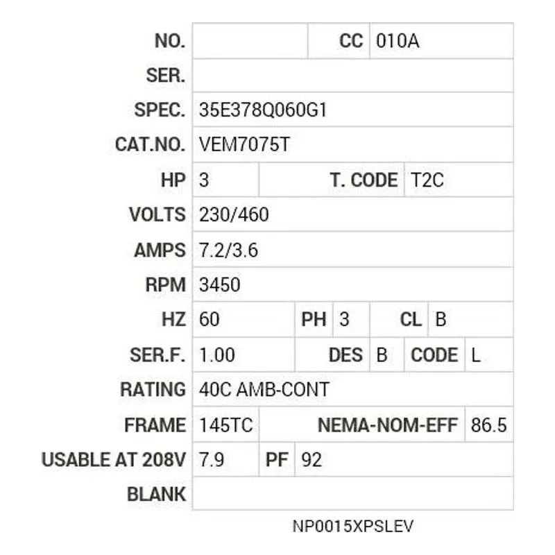 VEM7075T Baldor 3 HP, 3450 RPM, 3 PH, 60 HZ, 145TC, 3532M, XPFC, F1 Motor Nameplate - view 2