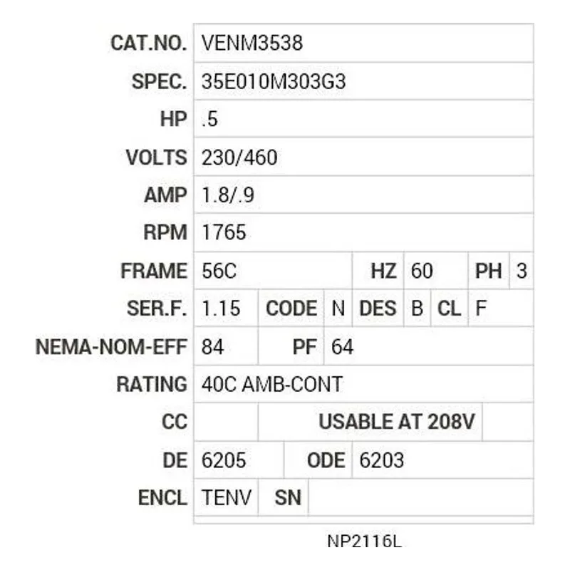 VENM3538 Baldor .5 HP, 1765 RPM, 3 PH, 60 HZ, 56C, 3516M, TENV, F1 Motor Nameplate - view 2