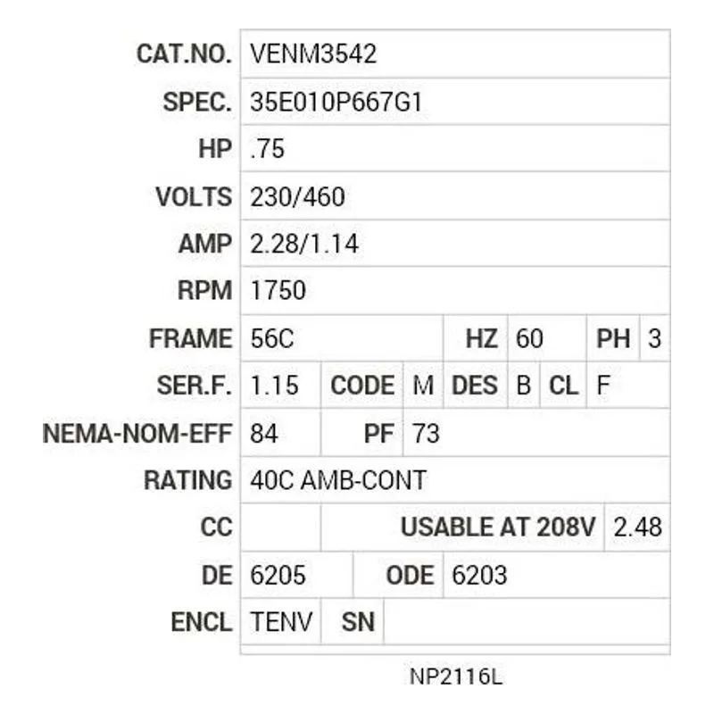 VENM3542 Baldor .75 HP, 1750 RPM, 3 PH, 60 HZ, 56C, 3517M, TENV, F1 Motor Nameplate - view 2