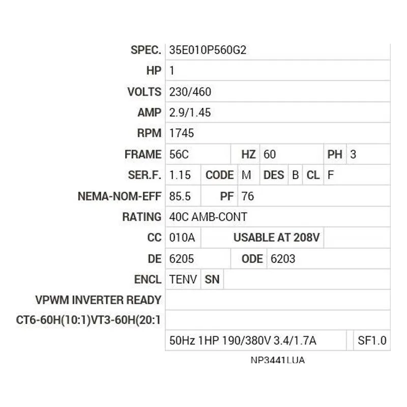 VENM3546 Baldor 1 HP, 1745 RPM, 3 PH, 60 HZ, 56C, 3524M, TENV, F1, N Motor Nameplate - view 2