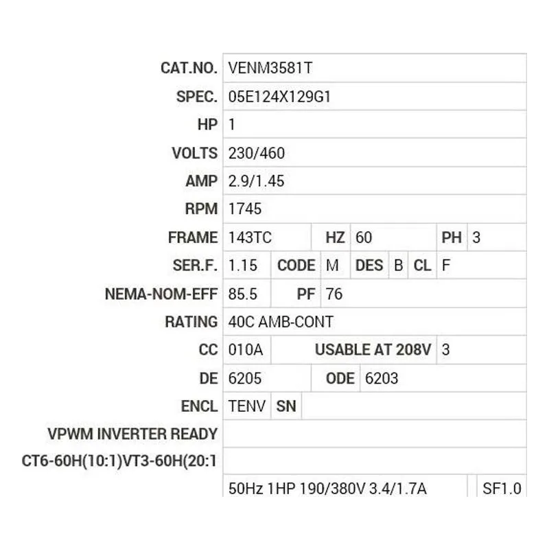 VENM3581T Baldor 1 HP, 1745 RPM, 3 PH, 60 HZ, 143TC, 0524M, TENV, F1 Motor Nameplate - view 2