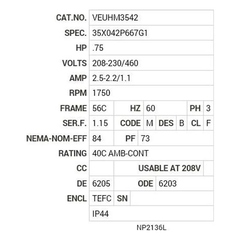 VEUHM3542 Baldor .75 HP, 1750 RPM, 3 PH, 60 HZ, 56C, 3517M, TEFC, F3 Motor Nameplate - view 2