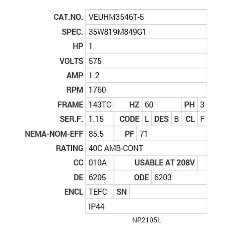VEUHM3546T-5 Baldor 1 HP, 1760 RPM, 3 PH, 60 HZ, 143TC, 3519M, TEFC, F3 Motor Nameplate - view 2