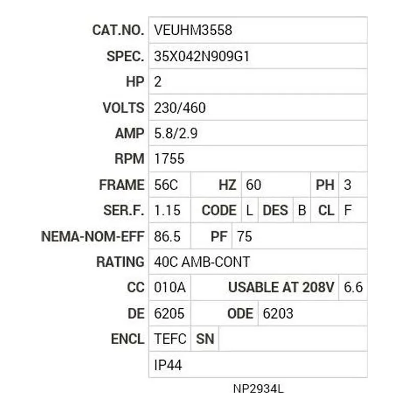 VEUHM3558 Baldor 2 HP, 1755 RPM, 3 PH, 60 HZ, 56C, 3528M, TEFC, F3, N Motor Nameplate - view 2